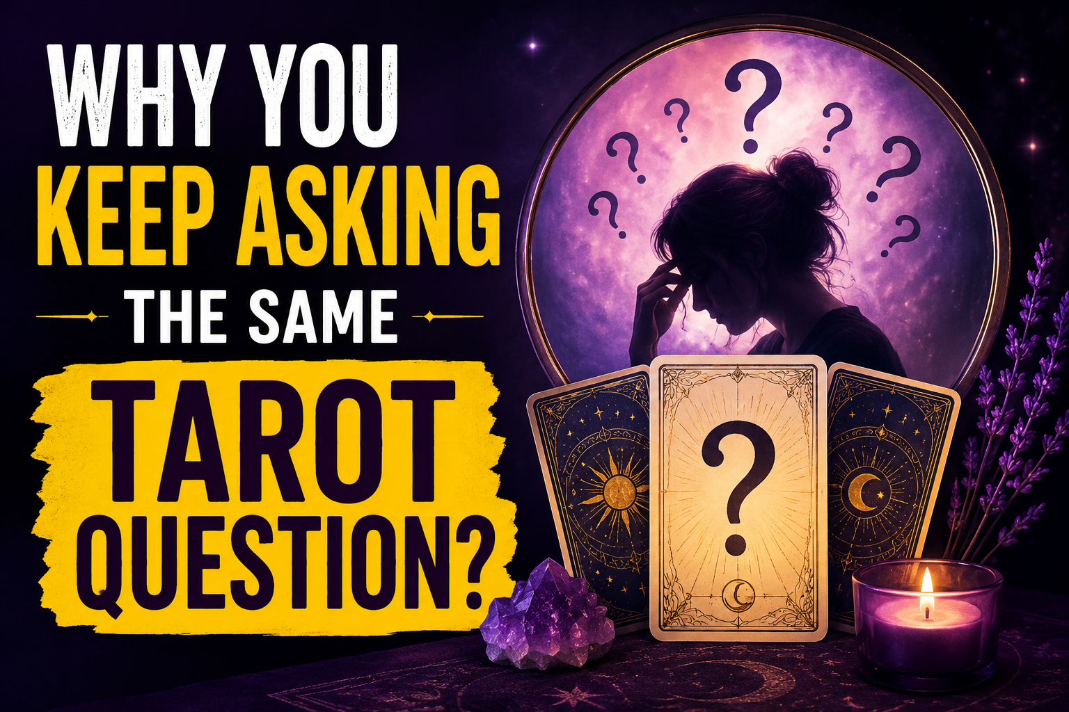 Illustration representing why people repeatedly ask the same tarot question, highlighting uncertainty, emotional attachment, overthinking, and the importance of seeking clarity instead of repeated tarot readings.