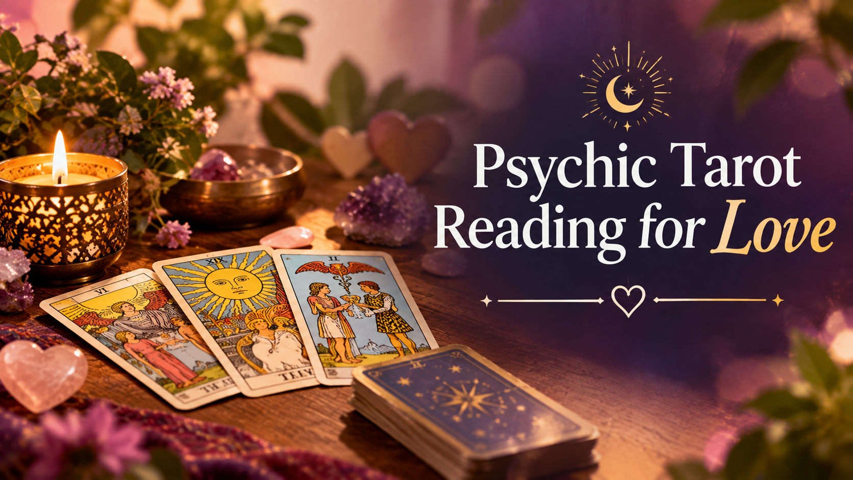 Psychic Tarot reading for love featuring Tarot cards, roses, crystals, and candlelight